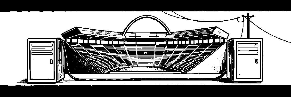 Woodcut plate: two storage racks with a cable arcing between them, a stadium behind, and a snapped power line at the right.