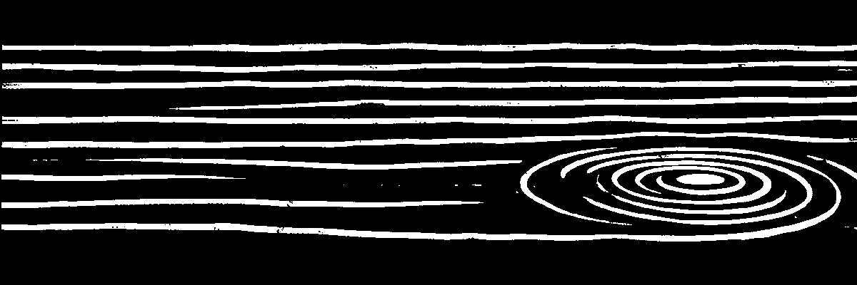 Woodcut plate: calm horizontal water lines with a small cluster of shallow concentric ripples.