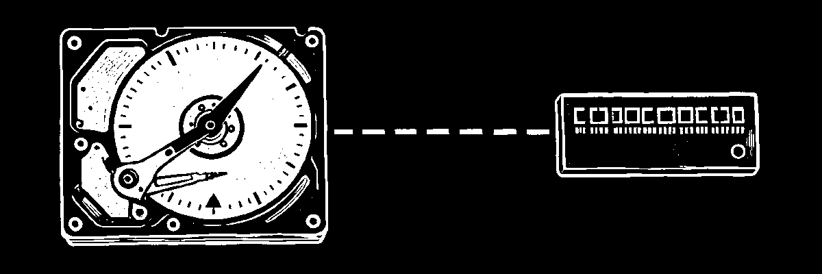 Woodcut plate: a disk platter rimmed with dial tick marks beside a circuit board.