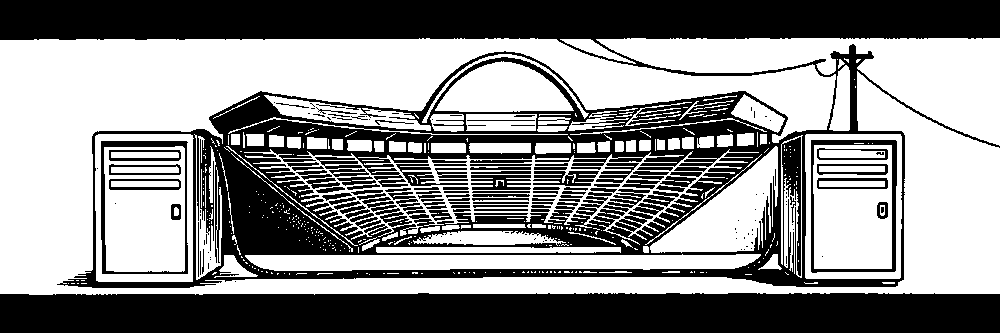 Woodcut plate: two storage racks with a cable arcing between them, a stadium behind, and a snapped power line at the right.