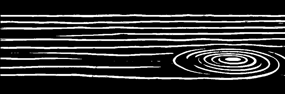 Woodcut plate: calm horizontal water lines with a small cluster of shallow concentric ripples.