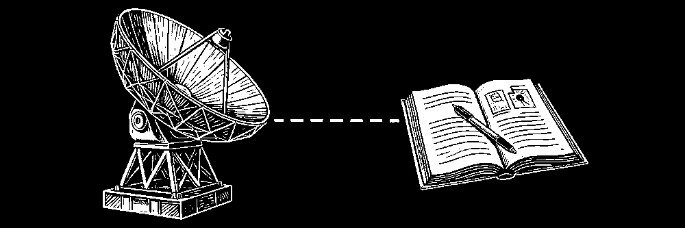 Woodcut plate: a large earth station dish beside an open technical manual with a pen across the page.