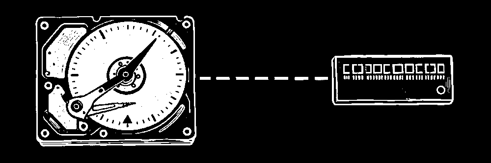 Woodcut plate: a disk platter rimmed with dial tick marks beside a circuit board.